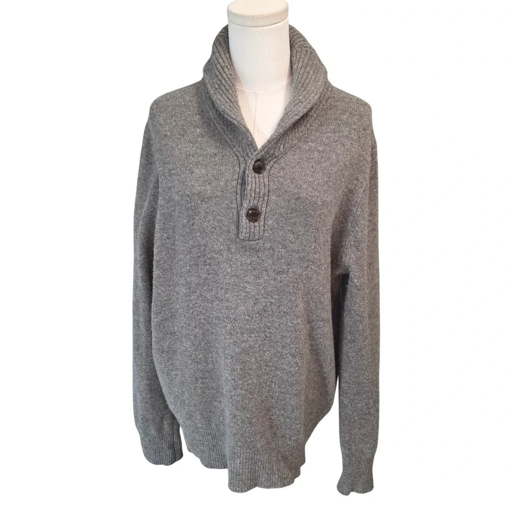 J Crew Mens Shawl Collar Sweater 100%‎ Lambs Wool Button Neck Gray Size M